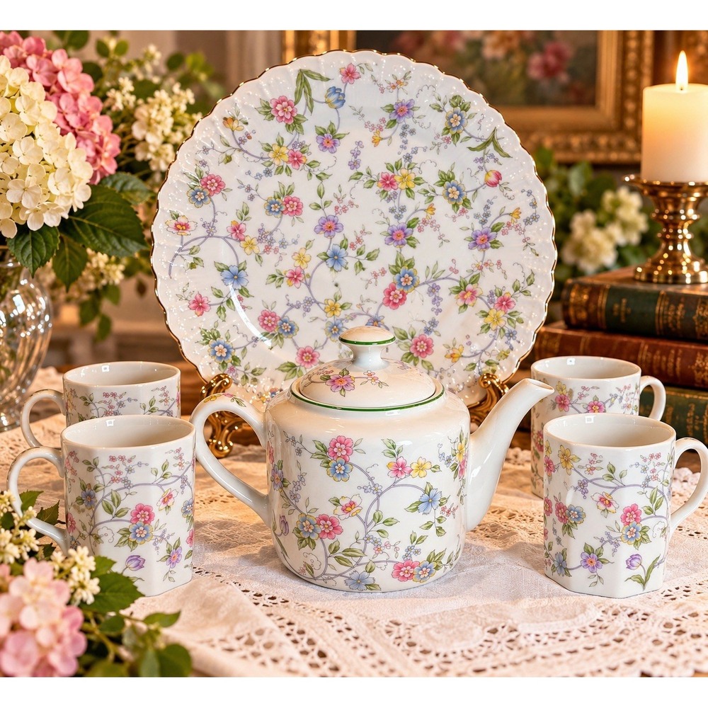Andrea by Sadek Corona Fine China 6 Pc Tea Set Includes Teapot 4 Mugs Cake Plate